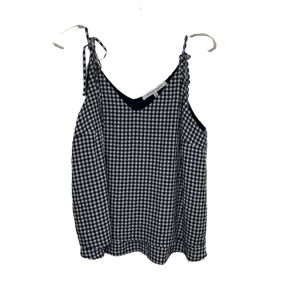 Collective Concepts Gingham Tie Strap Camisole Tank Top Black White Medium